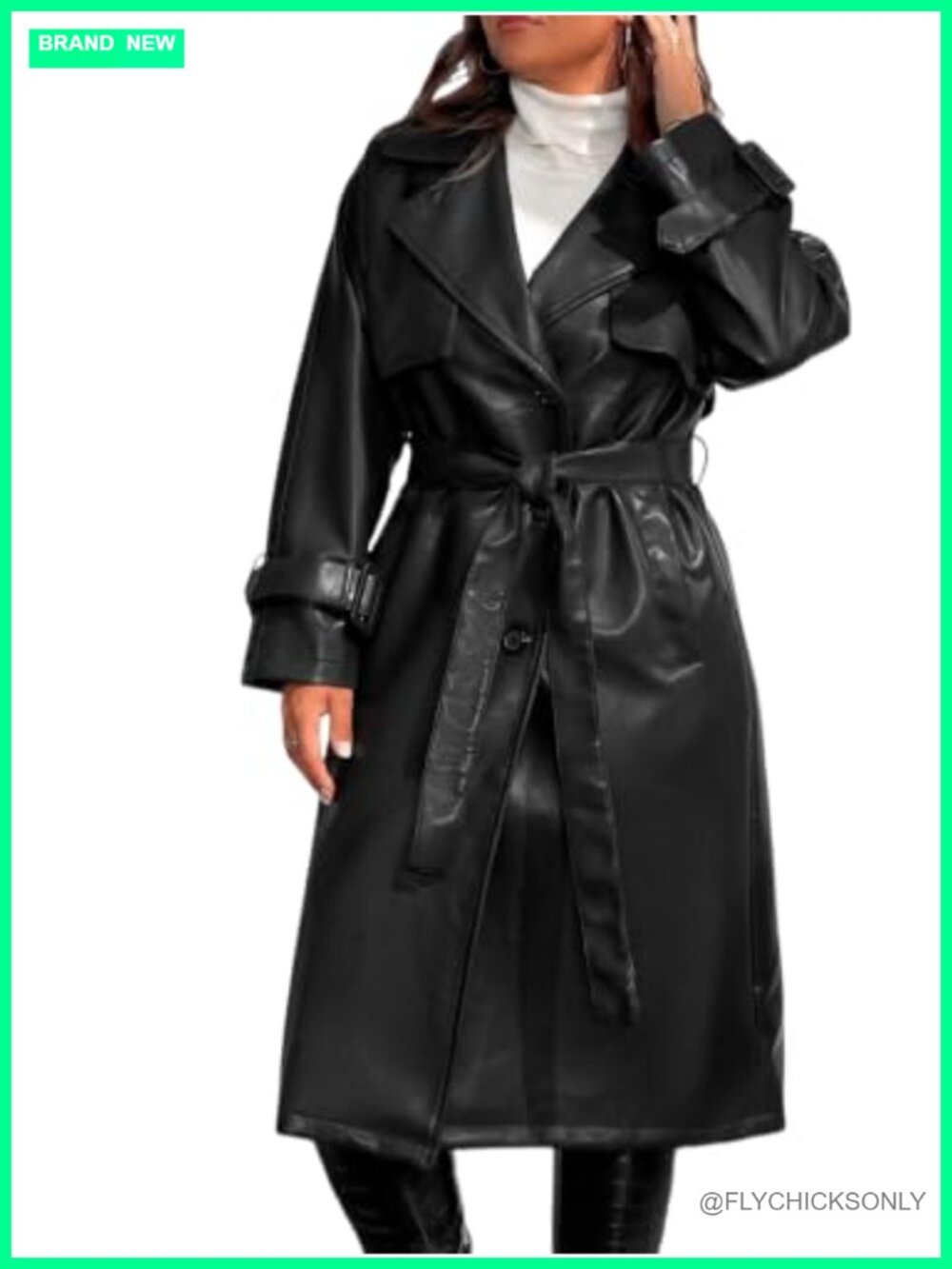 Faux Leather Trench Coat Plus Size Belted Long Overcoat